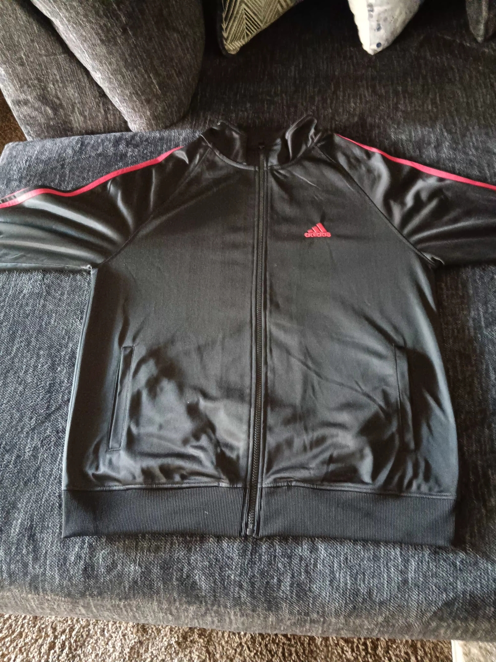 adidas Black Track Jacket with Pink Stripe Accents